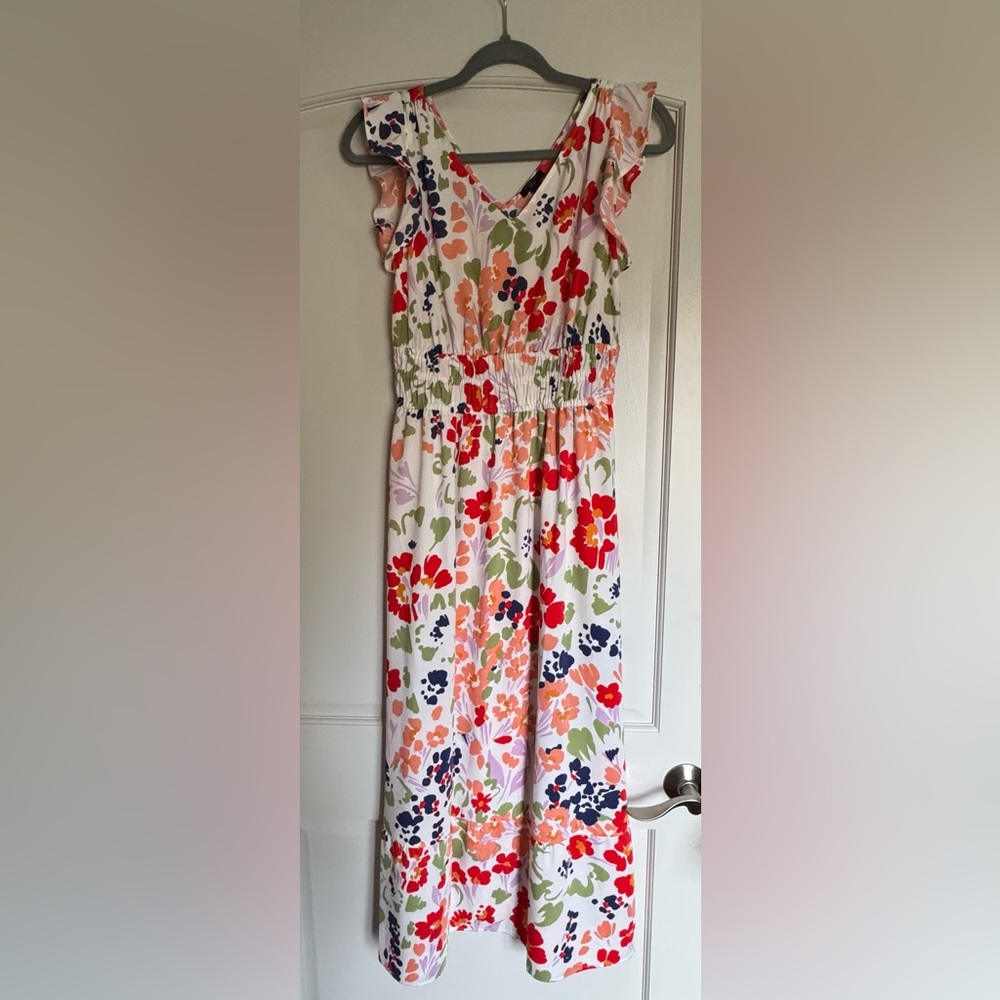 Ann Taylor Factory Floral Smocked Waist Maxi Dress White with Red Coral Flowers